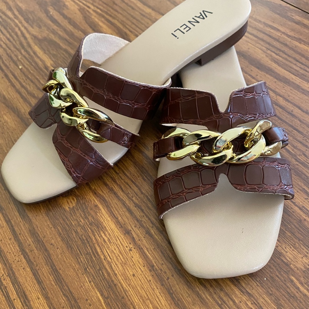 Vaneli Brown Croc-Embossed Slide Mules with Gold Chain Accent